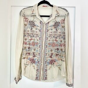 Johnny Was sheer cream blouse, beautifully embroidered, unique